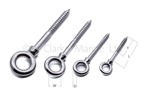 Woodscrew eye bolt - Marine grade stainless steel 316 A4 8mm 10mm 6mm 5mm 50mm 60mm 80mm 100mm