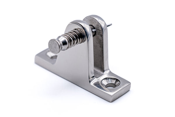 Heavy duty angled deck hinge with quick release drop nose pin