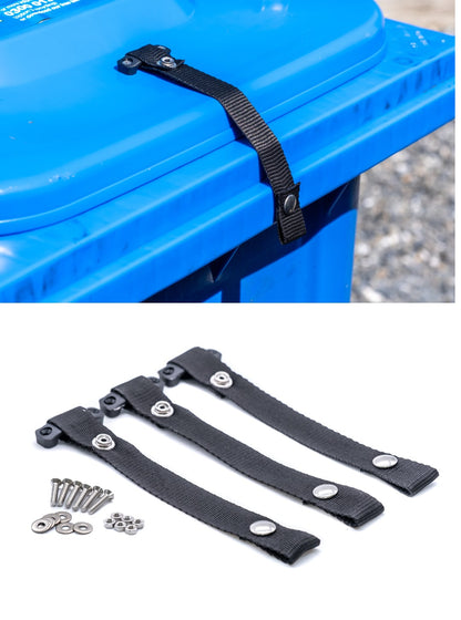 Wheelie bin lid lock strap with webbing bridge for strong winds