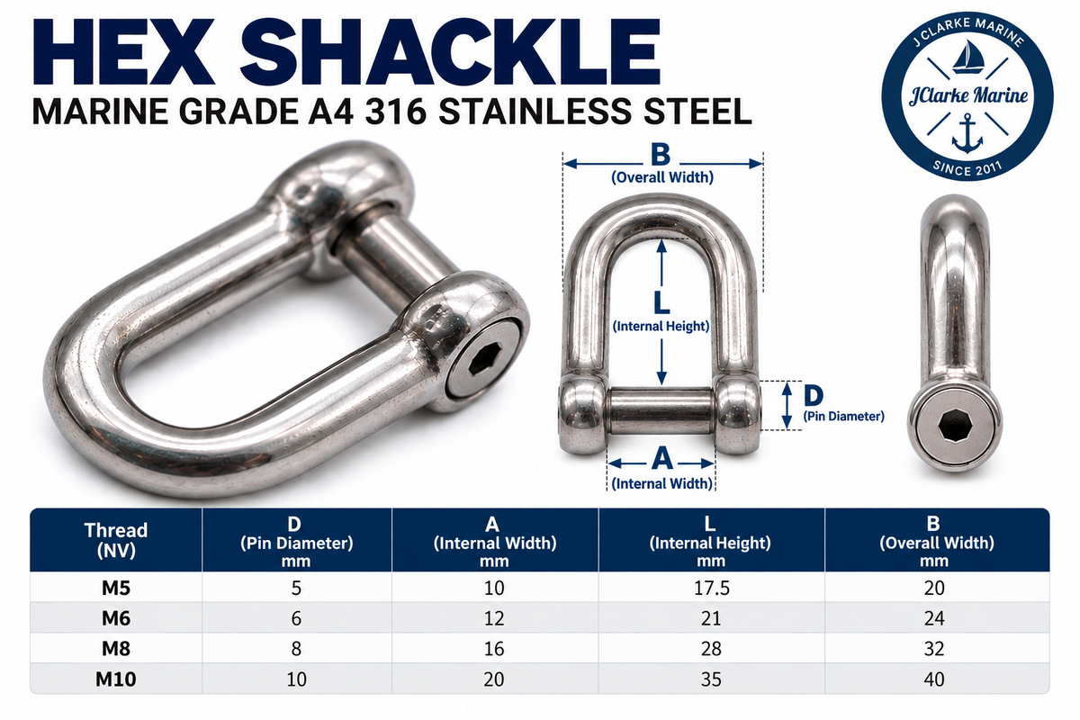 Shackle - Hex Dee / D Shackle with allen key fitting 316 A4 Stainless steel