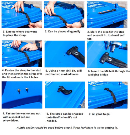 Wheelie bin lid lock strap with webbing bridge for strong winds