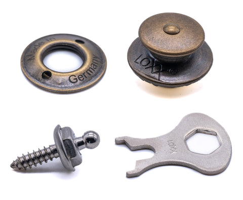 LOXX® Fastener Set – Vintage Brass Top Button & Stainless Steel Screw Stud