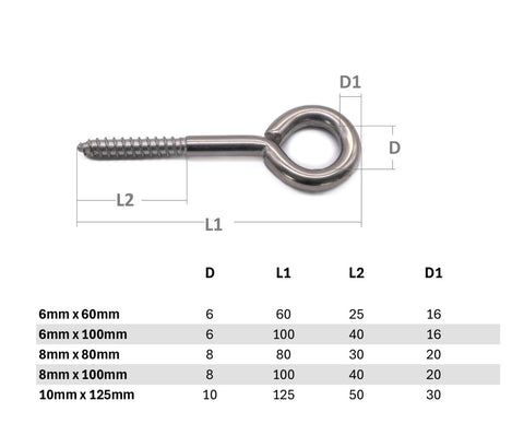 Stainless steel vine eye wood screw A4 316 Marine grade trellis plants training