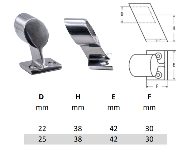 Bimini handrail rail stanchion fitting stainless steel 316 A4 22mm 25mm