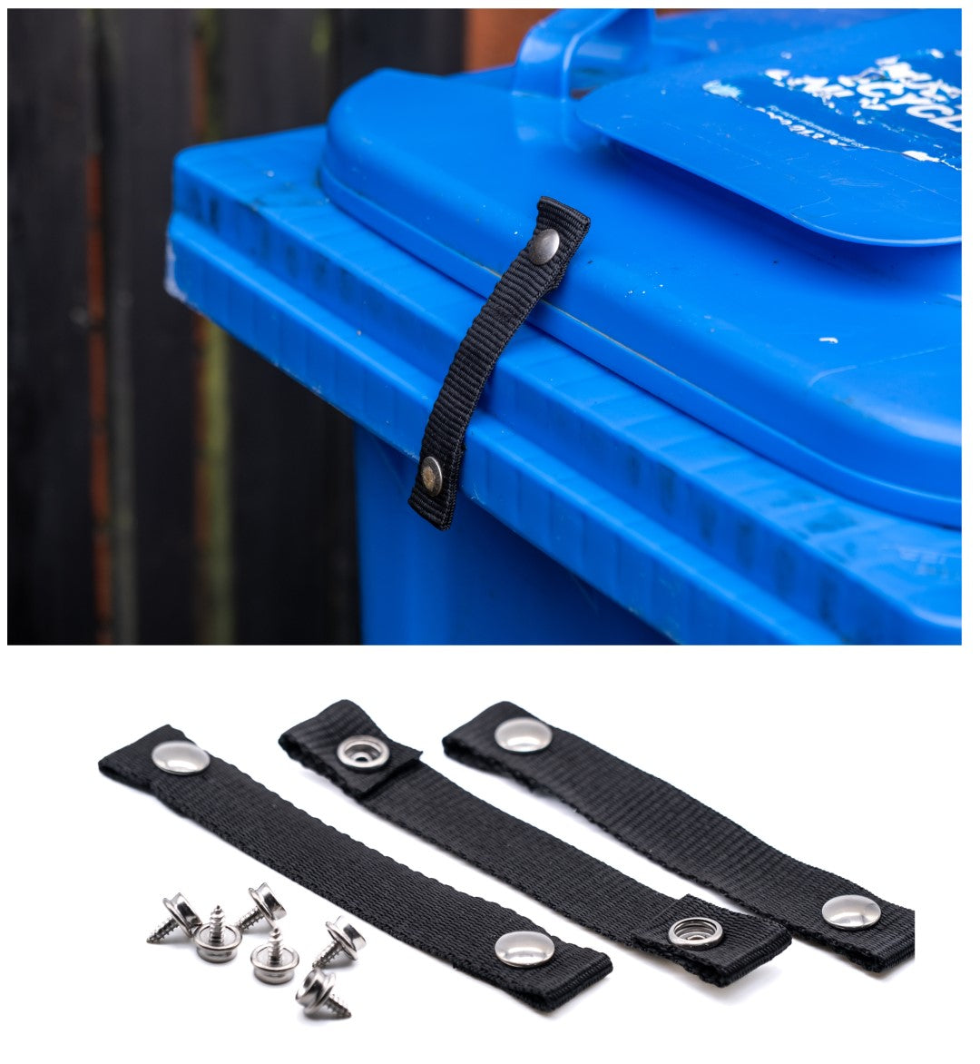 Wheelie bin lid lock strap for strong winds