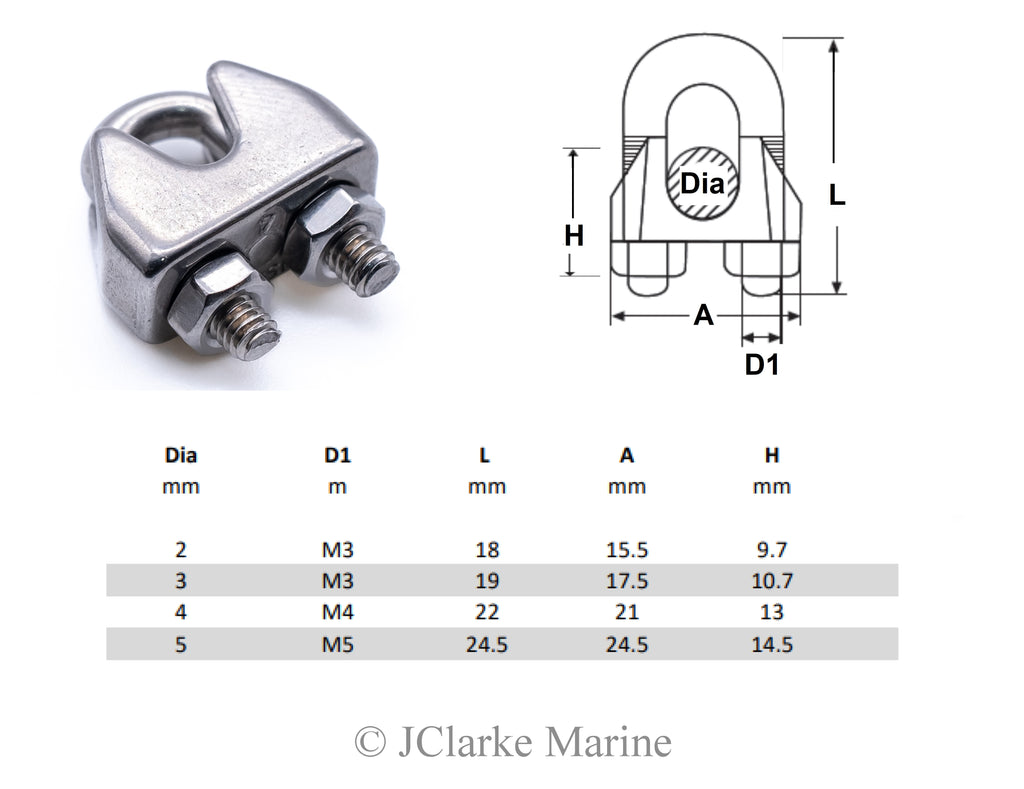 Stainless steel wire rope U bolt clamps / grips 316 A4 marine grade