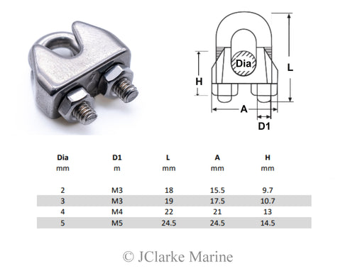 Stainless steel wire rope U bolt clamps / grips 316 A4 marine grade